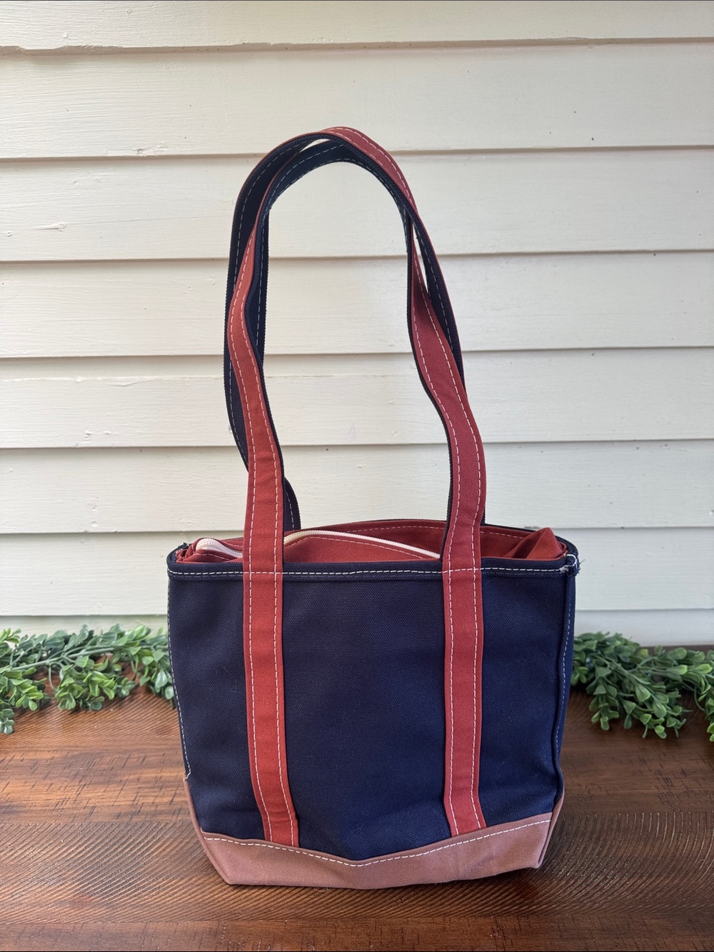 L.L. Bean Navy Canvas Tote with Red Trim and Cream Accents